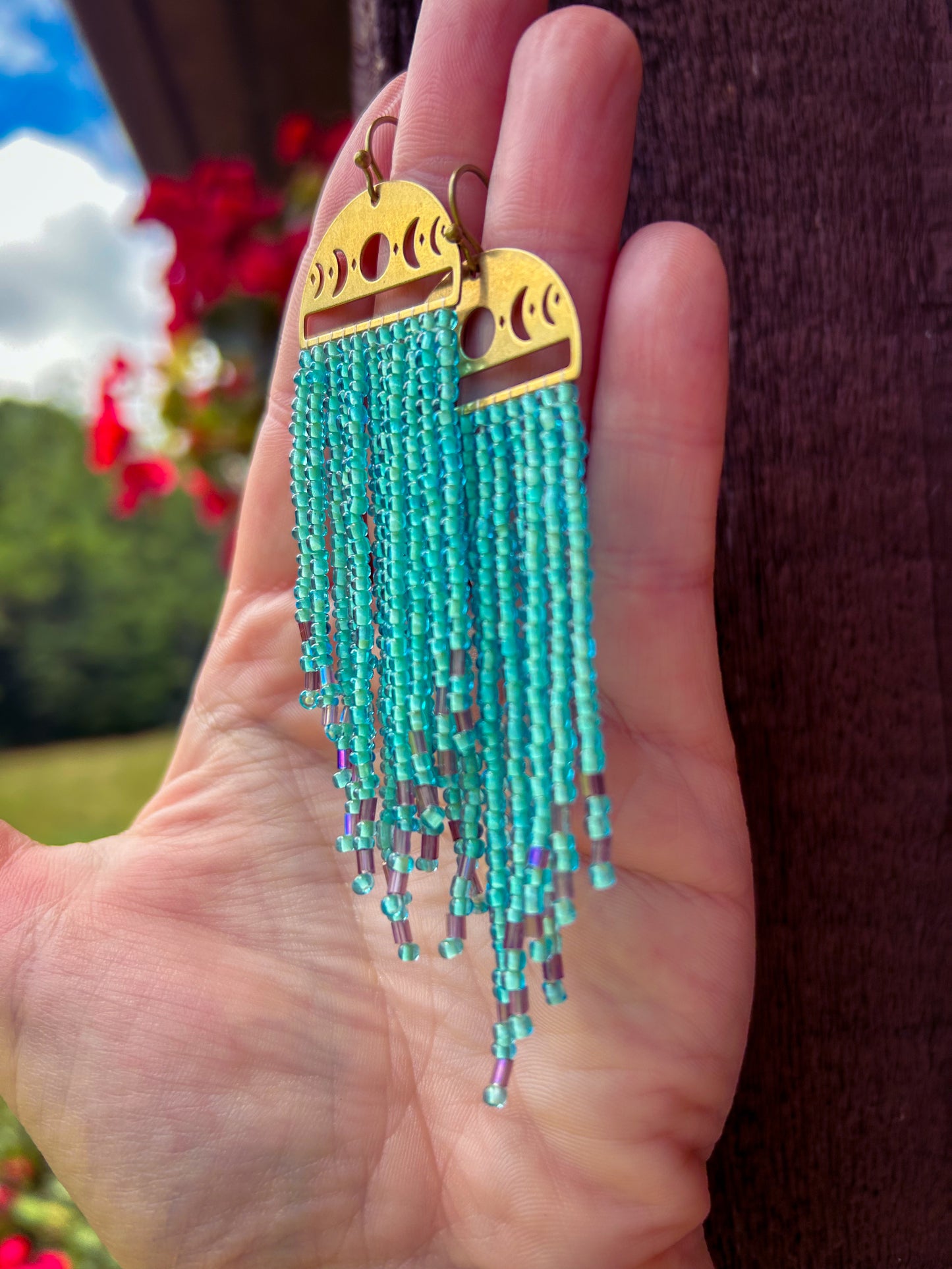 Brass moon phase beaded earrings