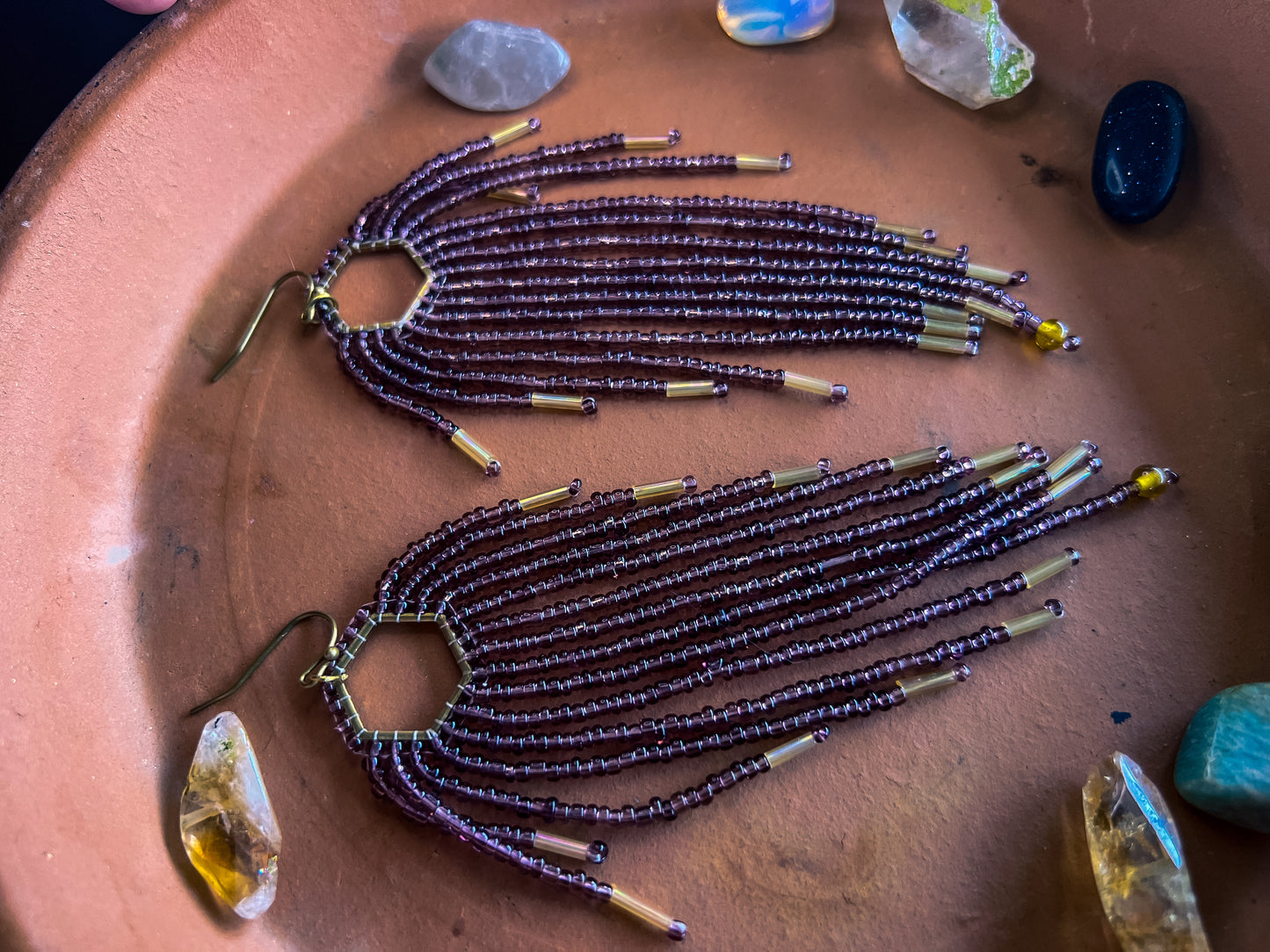 Purple Hexagon brass seedbead earrings