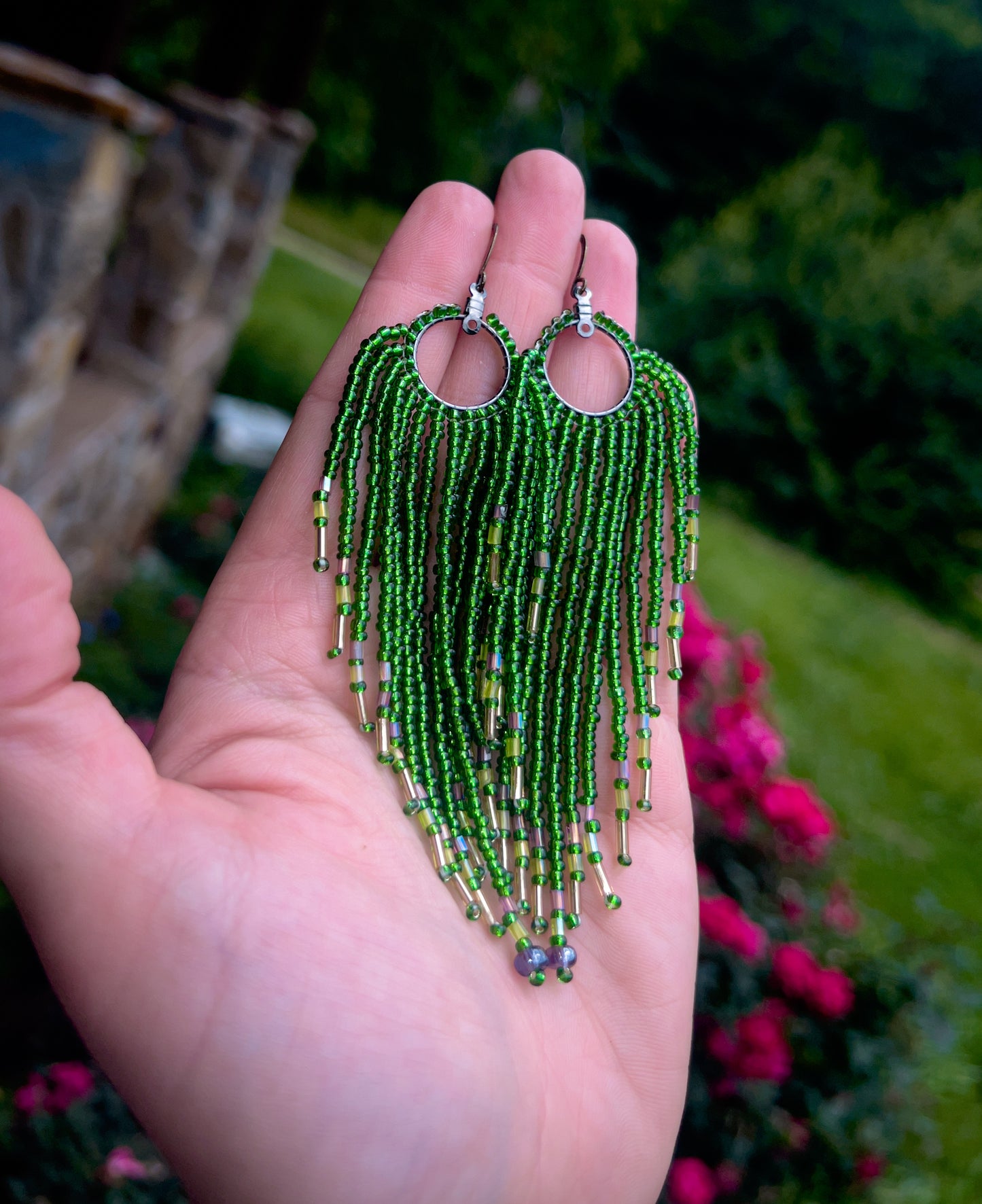 Green beaded earring dangles