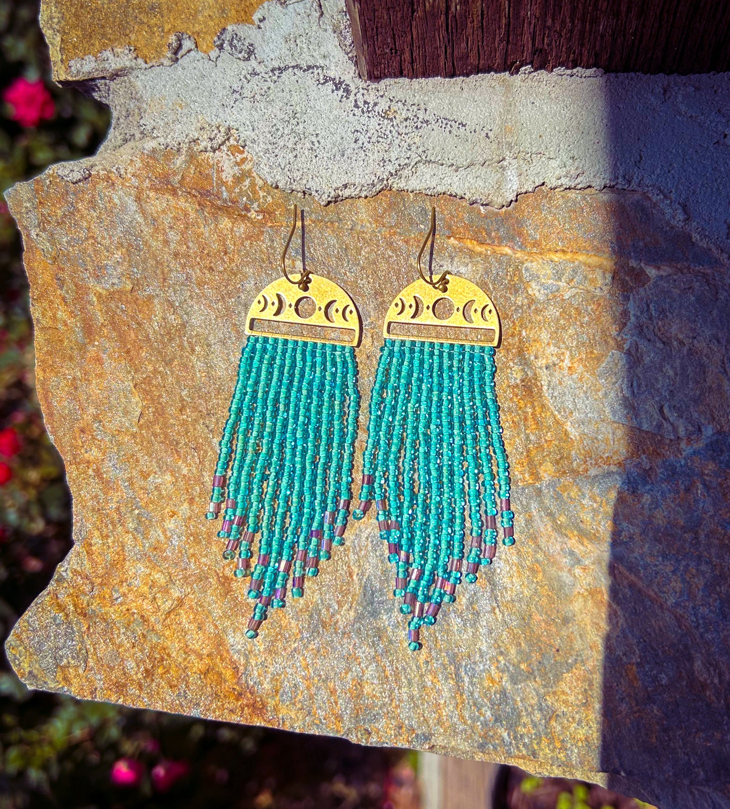 Brass moon phase beaded earrings