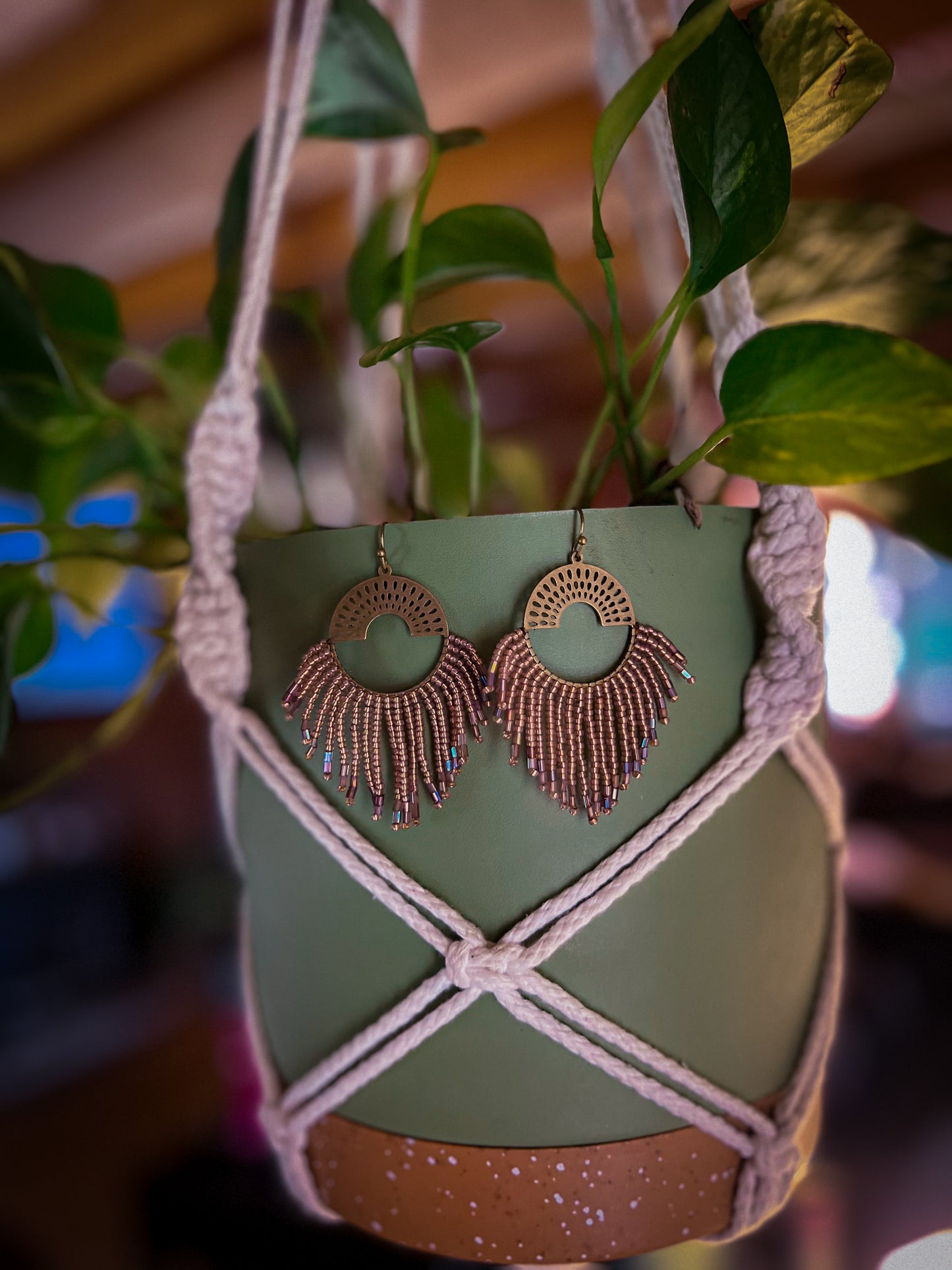 Brass pendant beaded earrings