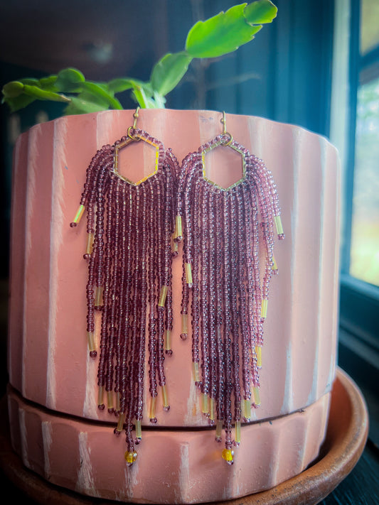 Purple Hexagon brass seedbead earrings