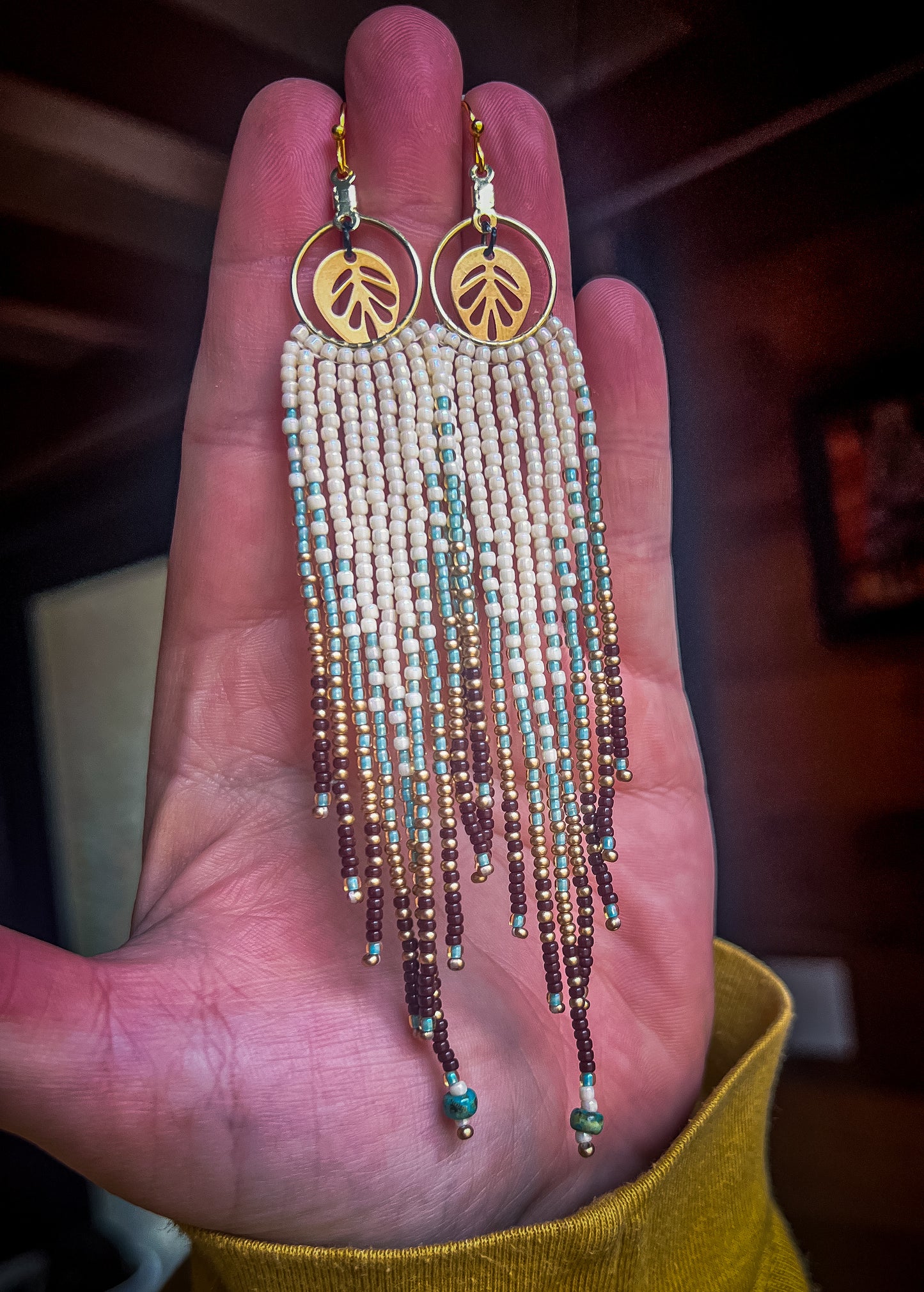 Teal brass leaf dangles